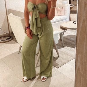 Two piece satin green set
